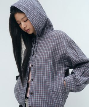 우먼즈 체크 후디드 셔츠 재킷 [더스티 블루]