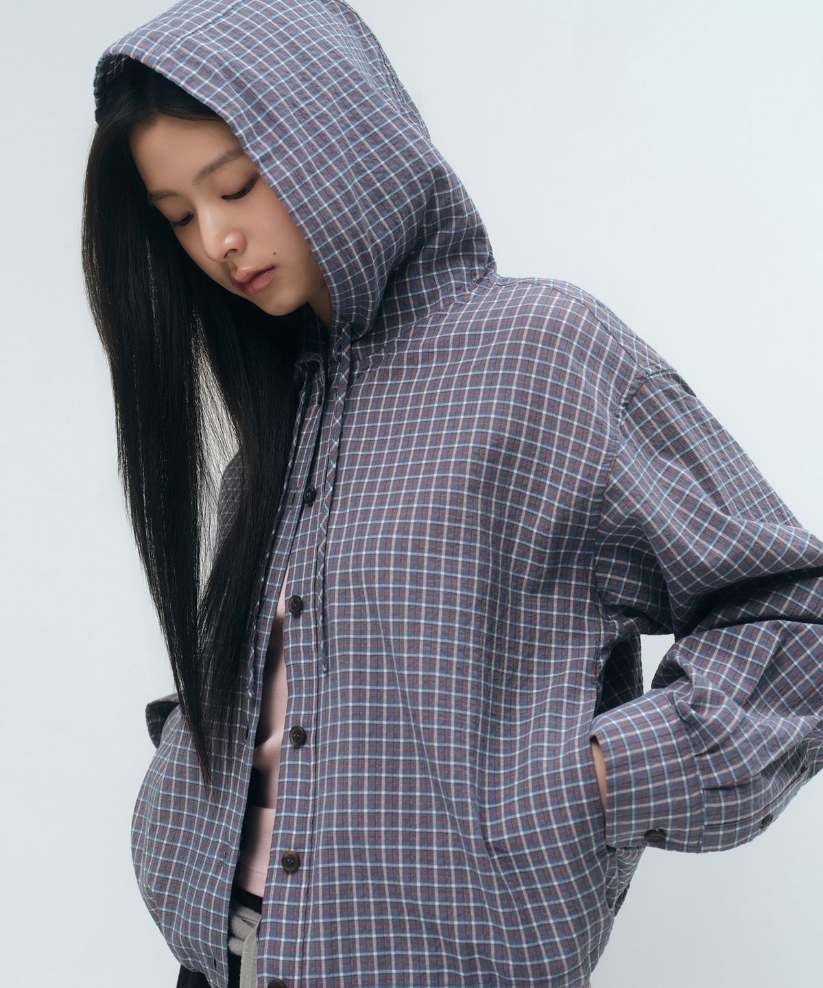 무신사 스탠다드 우먼(MUSINSA STANDARD WOMAN) 우먼즈 체크 후디드 셔츠 재킷 [더스티 블루]