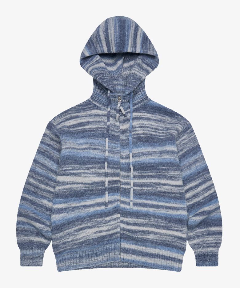 Wool stripe knit hood zip-up_Blue
