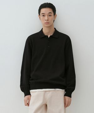 워셔블 수피마 코튼 긴소매 니티드 폴로 셔츠 [블랙]