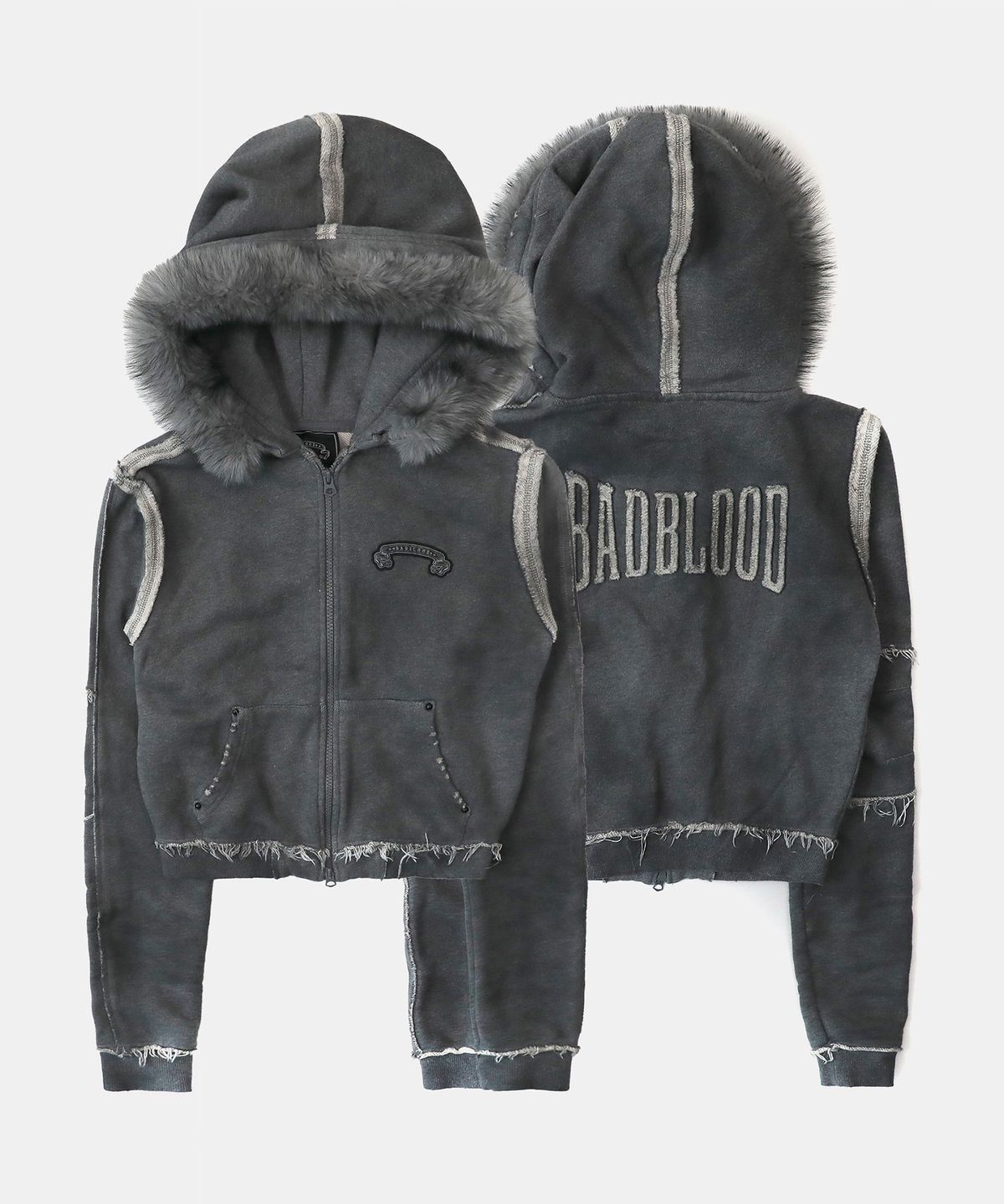 배드블러드(BADBLOOD) 로 엣지 디태쳐블 퍼 후드 집업 슬림핏 - 워시드그레이