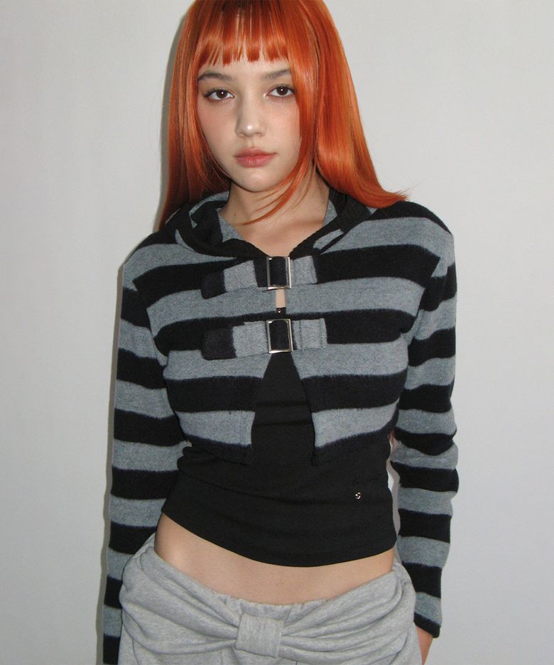 스트라이프 버클 후드 볼레로_블랙