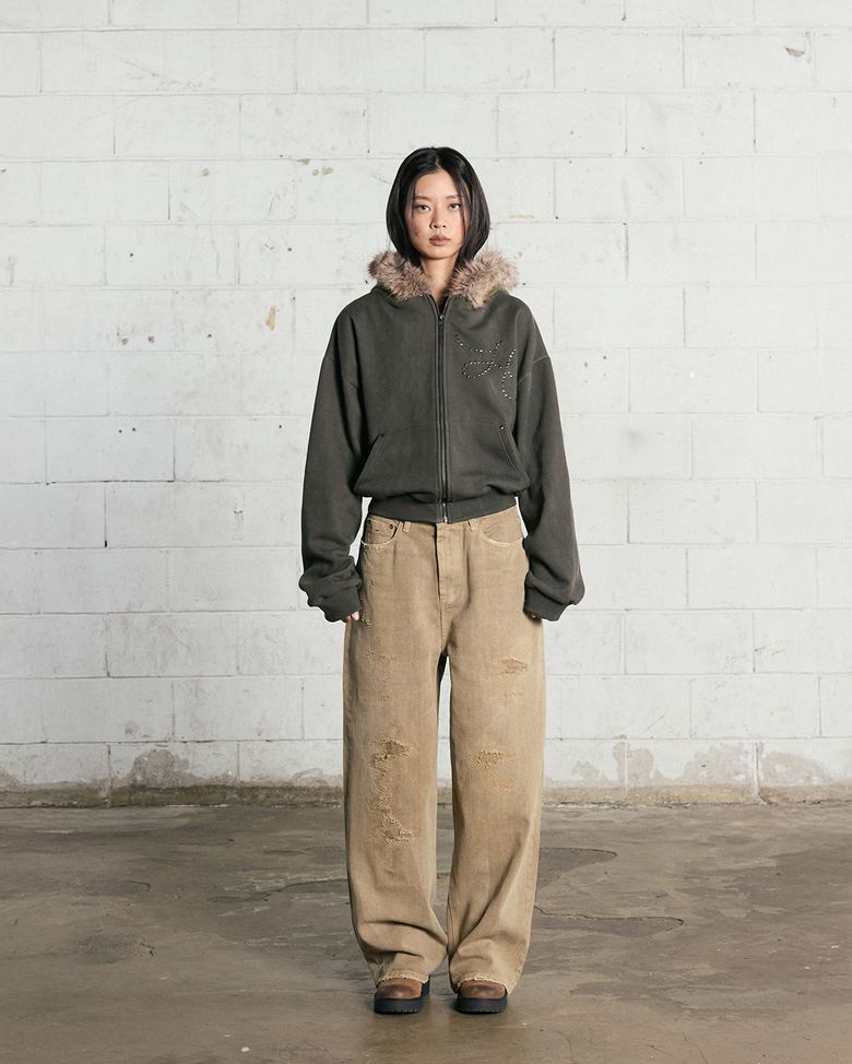 Vintage Fur-Trim Two-Tone Hoodie Zip-up (Khaki) / 25WTJP002KH