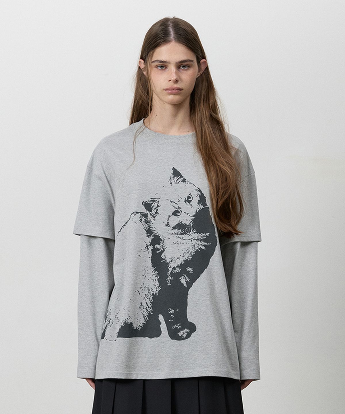 쓰리투에이티(THREE TO EIGHTY) [2nd REORDER] DOUBLE LONG SLEEVE CAT TEE M.GREY