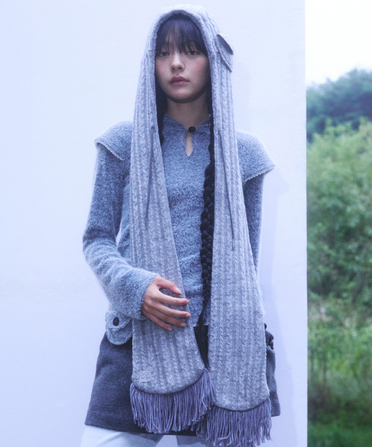 퓨레(PUREE) Pocket hoodie muffler Grey Melange