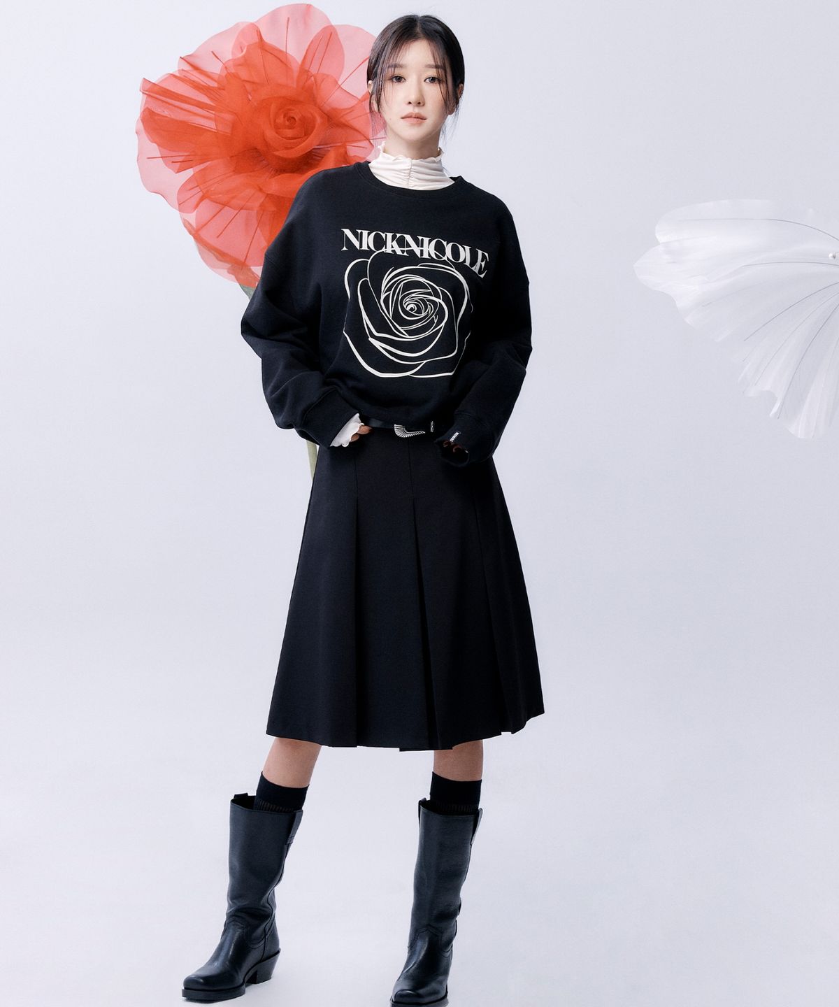 닉앤니콜(NICK&NICOLE) LOW-RISE MIDI PLEAT SKIRT_BLACK