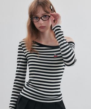 스몰체리 원숄더 스트라이프 롱 슬리브 [블랙]