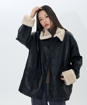 Faded fur leather coat (Noir cream)