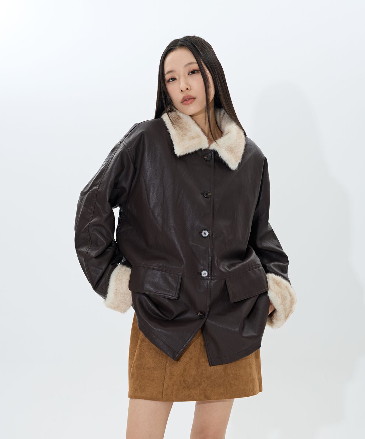 모아(MOAA) Fade fur Leather coat (Chesnut Shearling)