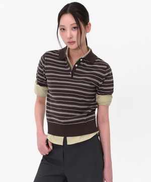 우먼즈 멀티 스트라이프 니티드 폴로 셔츠 [브라운]