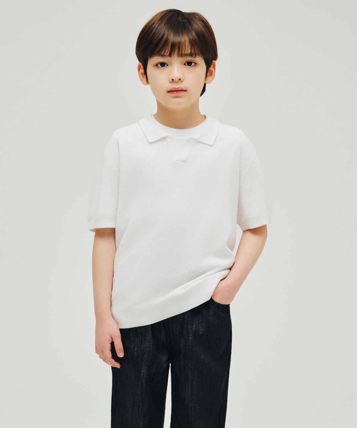 무신사 스탠다드 키즈(MUSINSA STANDARD KIDS) 쿨 터치 슬릿 넥 니티드 폴로 셔츠 [아이보리]
