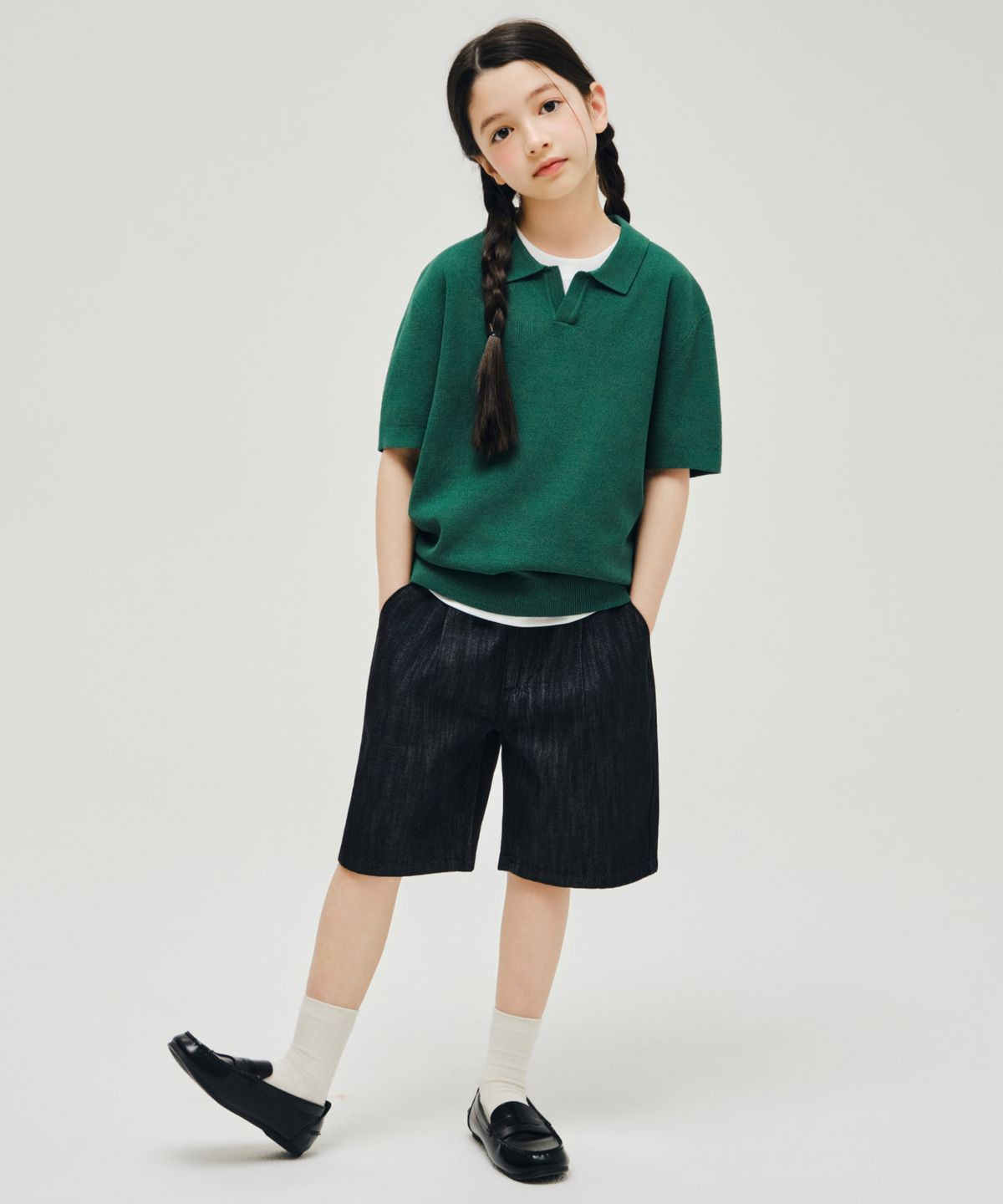 무신사 스탠다드 키즈(MUSINSA STANDARD KIDS) 쿨 터치 슬릿 넥 니티드 폴로 셔츠 [더스티 그린]