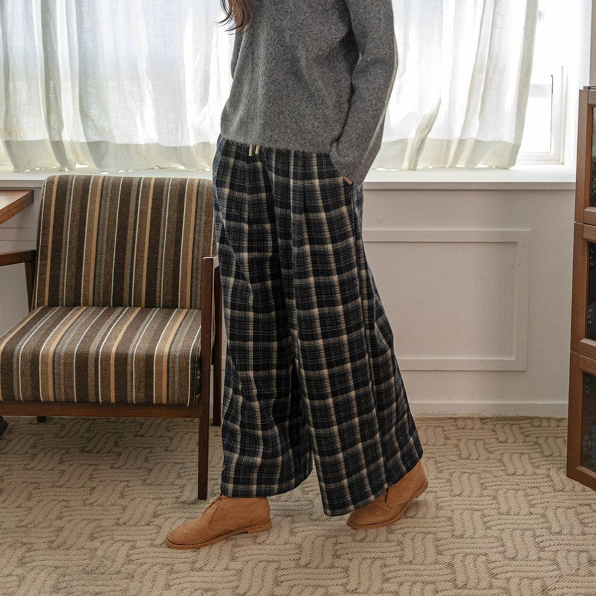랭썬(LANGSON) LS_Plaid straight-leg drawstring pants_2color