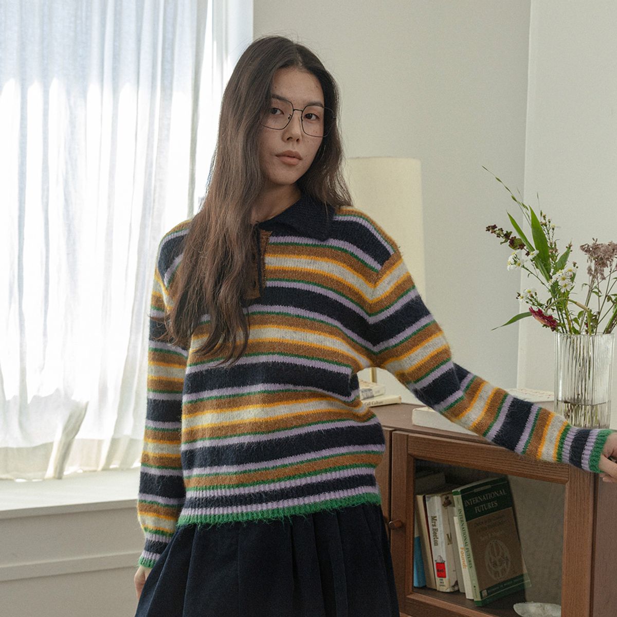 랭썬(LANGSON) LS_Lapel color-block striped knit top_BROWN