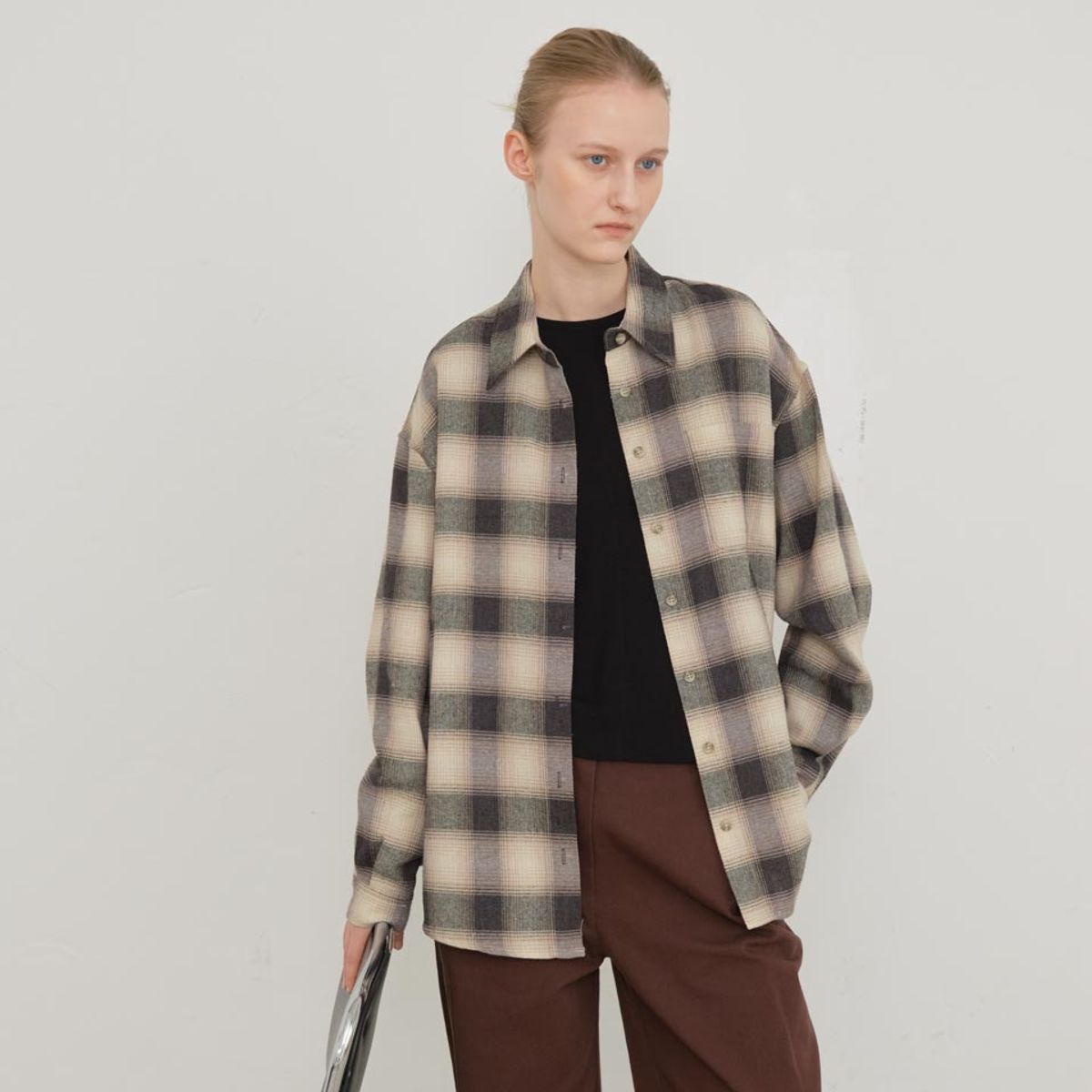 노우드(NOEUD) Fallen overfit check shirt (Black)