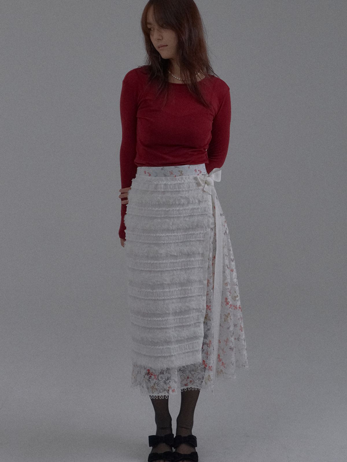 쏘리, 투 머치 러브(SORRY, TOO MUCH LOVE) Fringe Chiffon Layered Wrap Skirt_White
