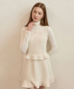Button double flare line mini dress - ivory