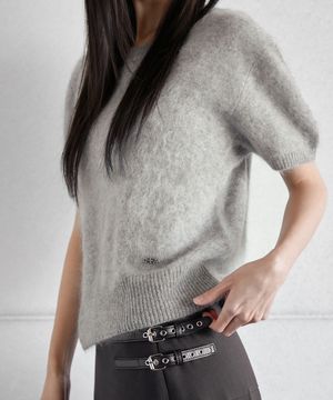 HAIRY WOOL PENDANT HALF-SLEEVE KNIT, GREY