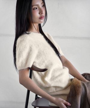 HAIRY WOOL PENDANT HALF-SLEEVE KNIT, IVORY