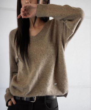 SOFT CASHMERE  PENDANT V PULLOVER KNITWEAR, MOCHA