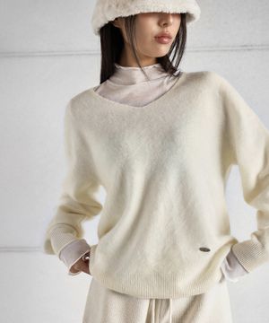 SOFT CASHMERE  PENDANT V PULLOVER KNITWEAR, IVORY