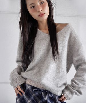 SOFT CASHMERE  PENDANT V PULLOVER KNITWEAR, L.GREY