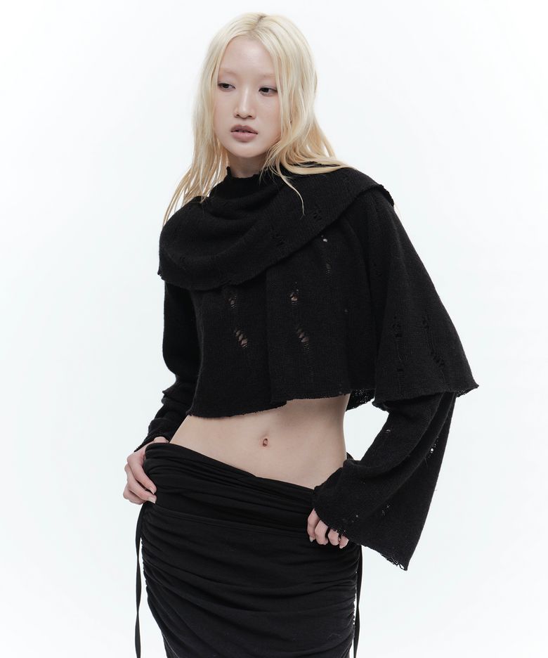 DOUBLE LAYER DAMAGED CROP KNIT BLACK