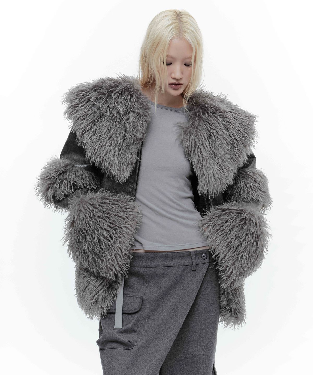 웻태그(WET TAG) WIDE COLLAR LEATHER SHEARLING JACKET GRAY