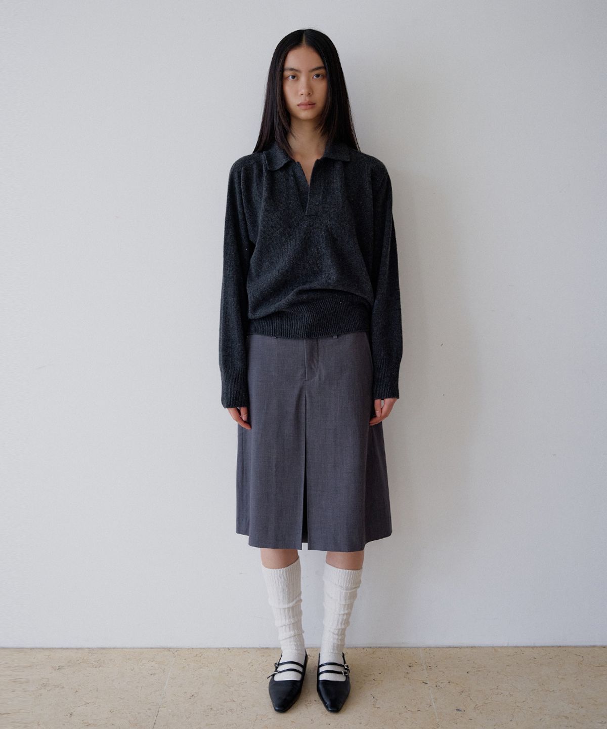 모헤(MOHAE) Double waist wool skirt _ gray