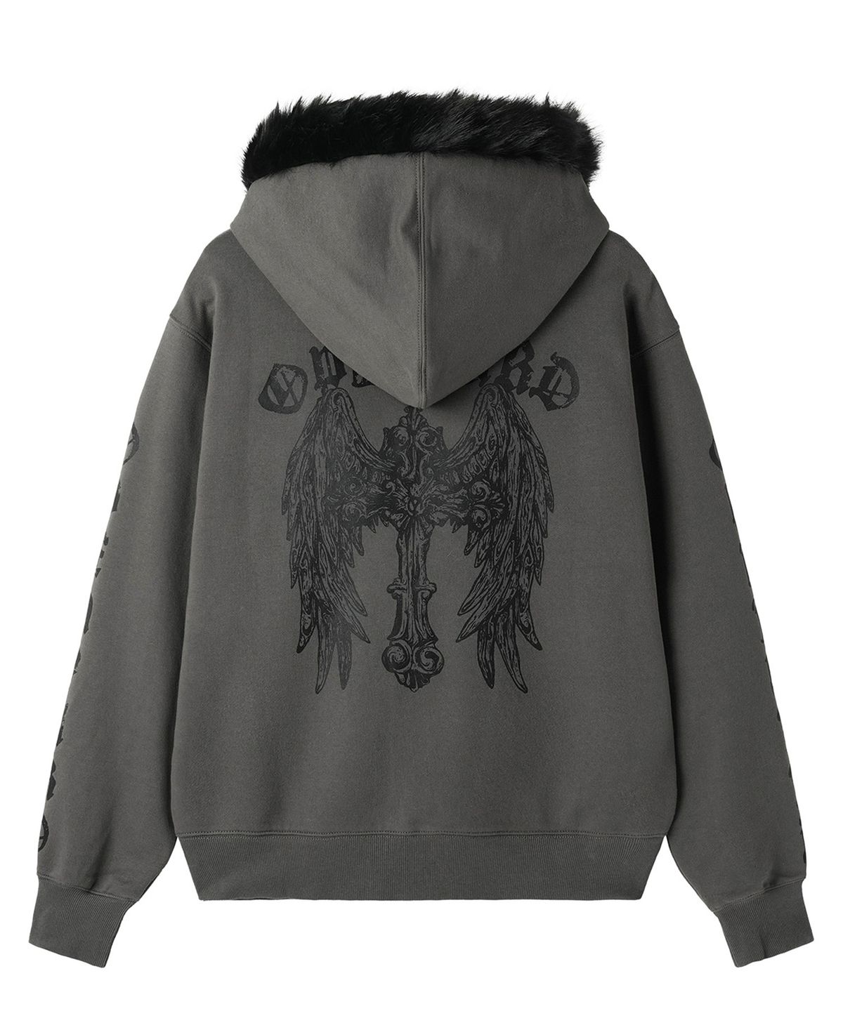 오픈야드(오와이)(OPENYARD(OY)) GOTHIC CROSS FAUX FUR HOODIE ZIP UP - DARK GREY