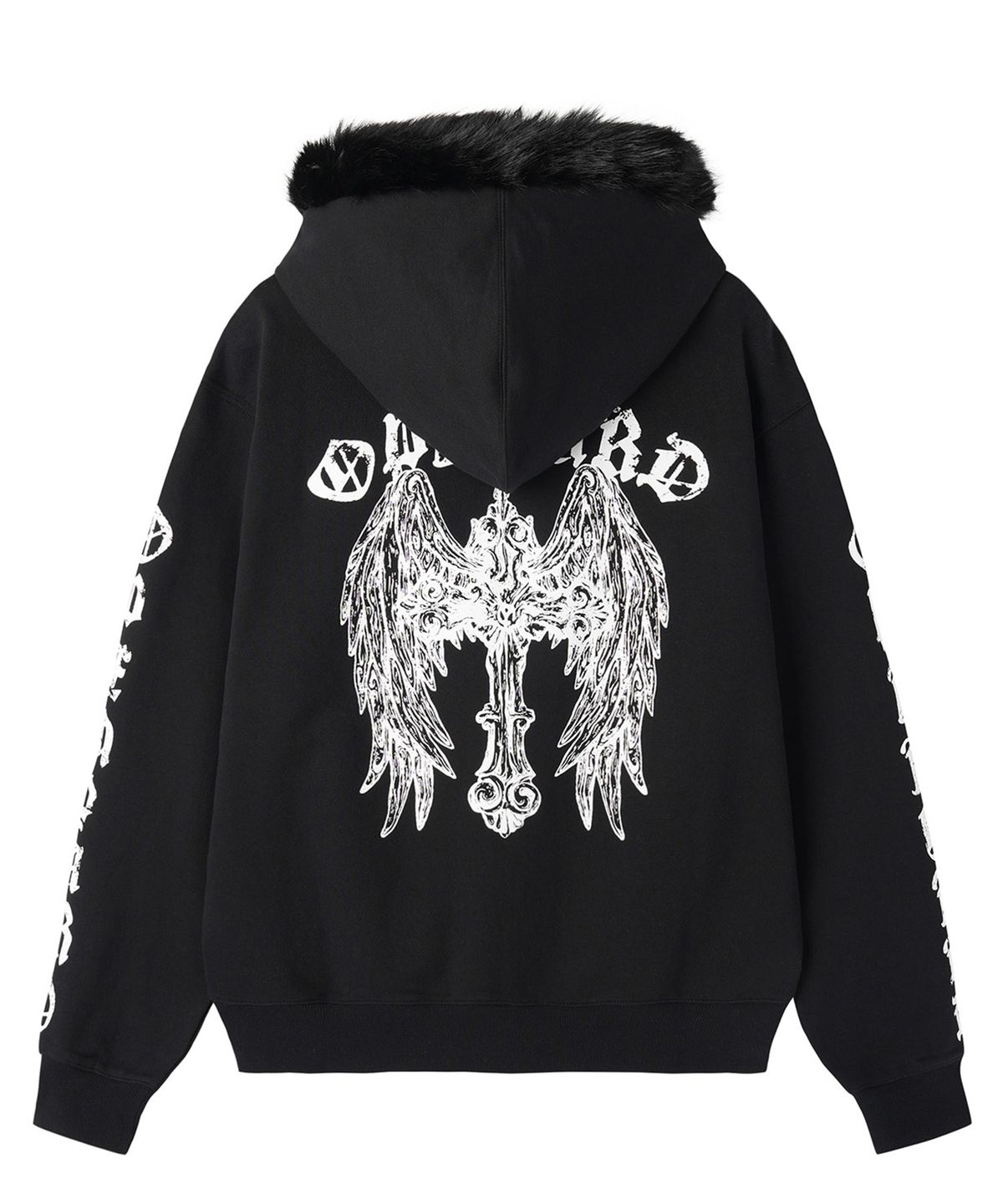 오픈야드(오와이)(OPENYARD(OY)) GOTHIC CROSS FAUX FUR HOODIE ZIP UP - BLACK