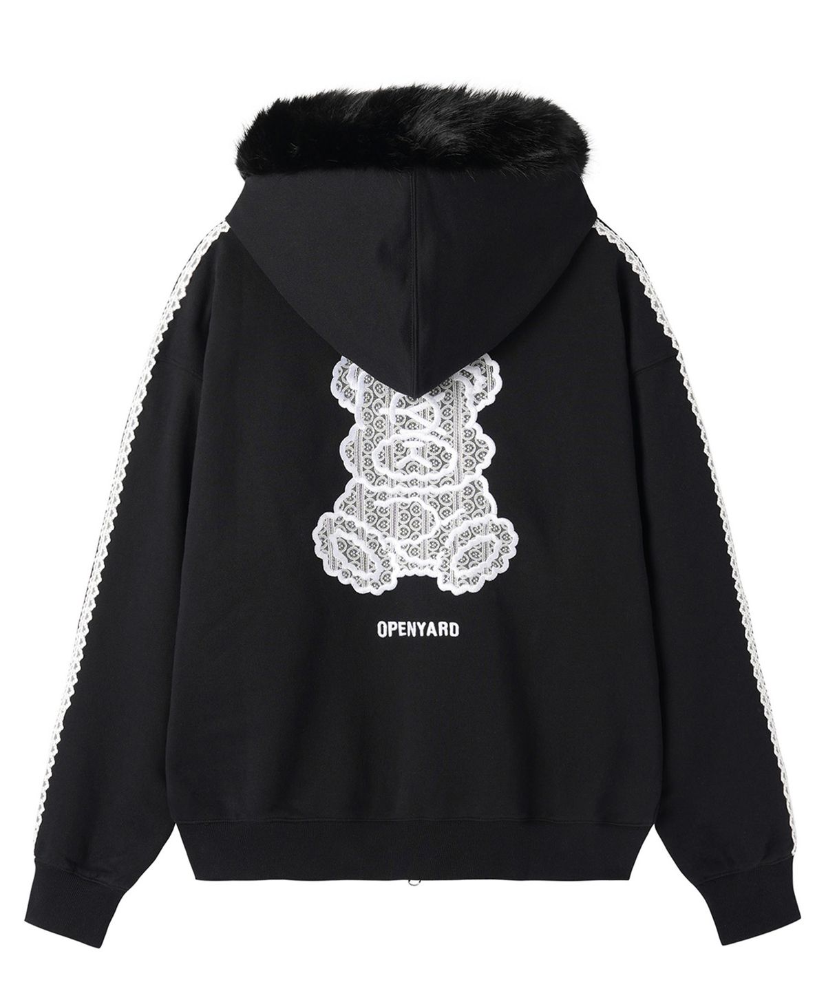 오픈야드(오와이)(OPENYARD(OY)) LACE DOLLY FAUX FUR HOODIE ZIP UP - BLACK