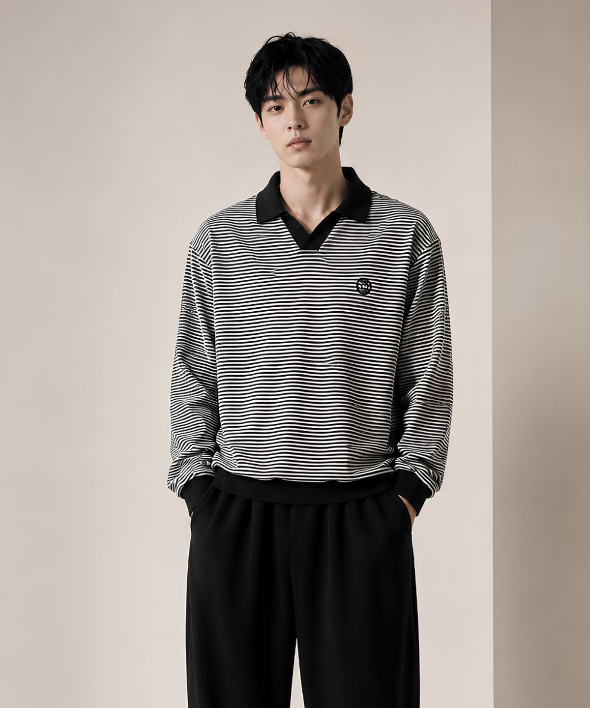 커스텀어스(CUSTOMUS) 카라배색 스트라이프 남자 긴팔 카라티셔츠 CXS25FKKT917 IVY