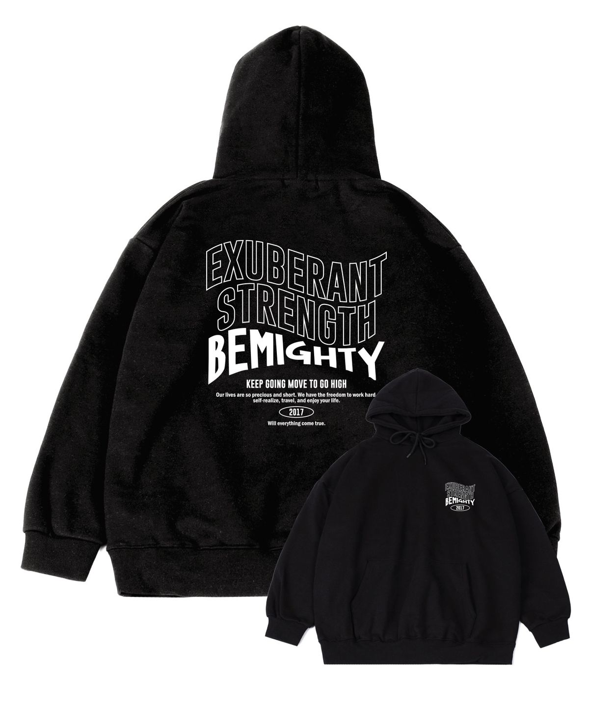 비마이티(BEMIGHTY) 웨이브 레터링 오버핏 기모 후드티셔츠 [블랙]