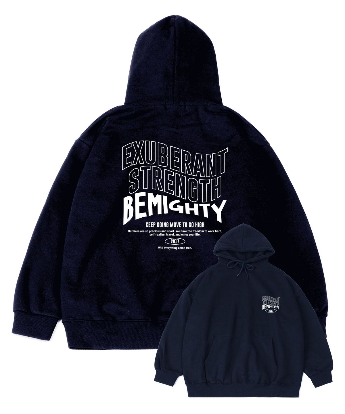 비마이티(BEMIGHTY) 웨이브 레터링 오버핏 기모 후드티셔츠 [네이비]