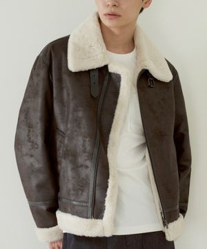 남녀공용 하이넥 비건 레더 무스탕 자켓 [다크 카키]_ZF4JP041