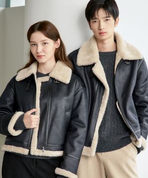 남녀공용 하이넥 비건 레더 무스탕 자켓 [블랙]_ZF4JP041