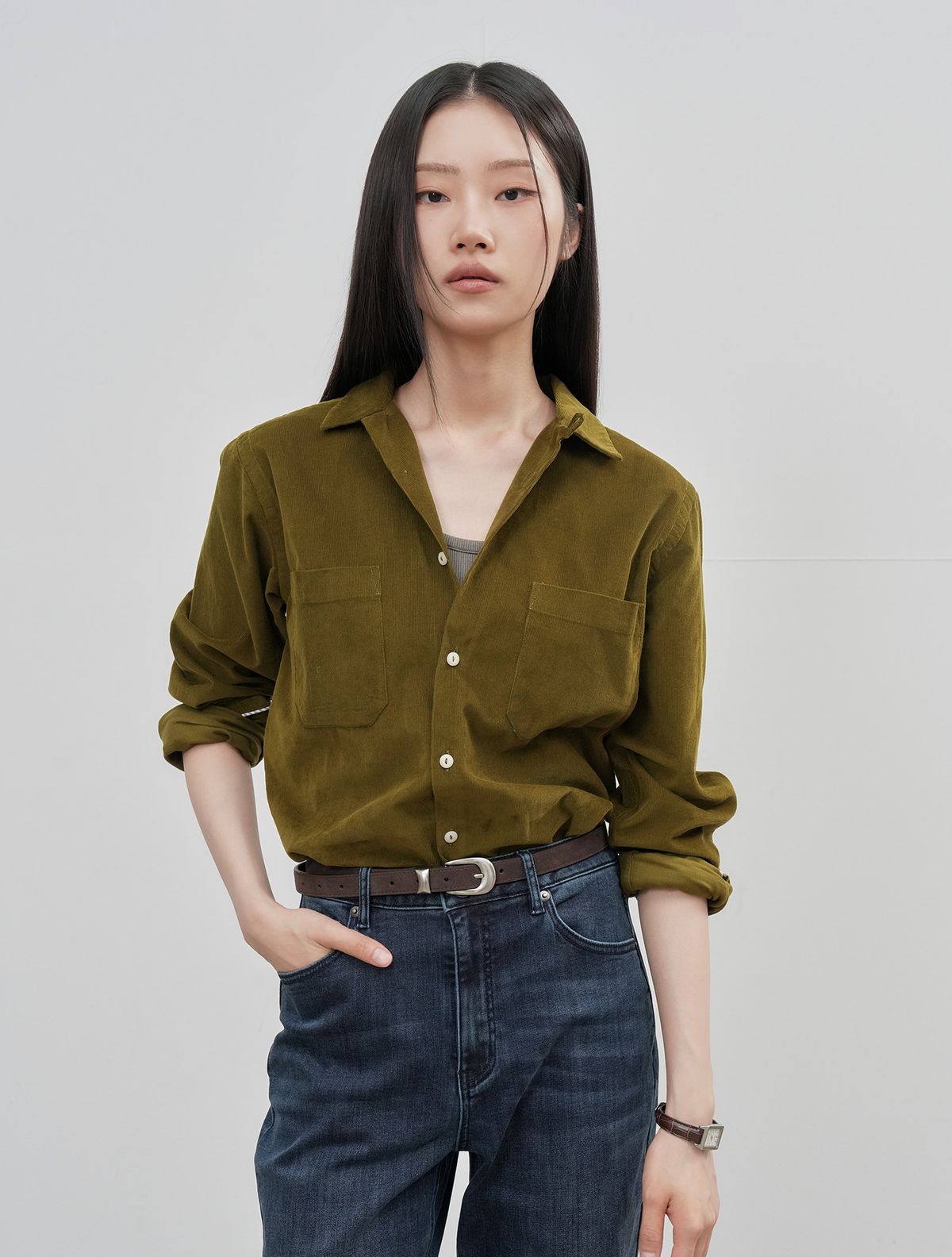 제너럴아이디어(GENERALIDEA) UNISEX 슬림핏 코듀로이 오픈카라 셔츠 [OLIVE] / SBE3U03006