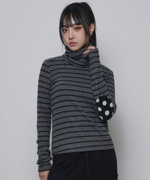 도트 패치 스트라이프 하이넥 티셔츠[그레이]