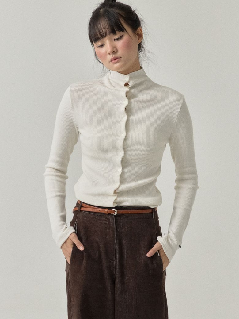 High Neck Button Down Ribbed Top_Ivory