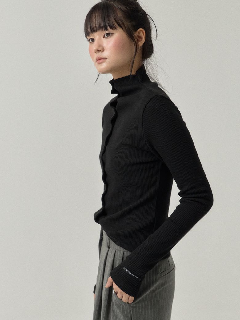 High Neck Button Down Ribbed Top_Black