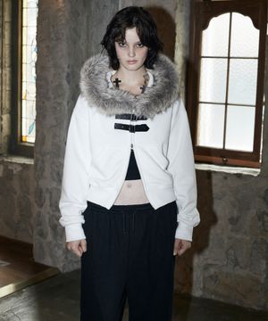 Buckle Strap Fur Hood Zip-Up (IVORY)
