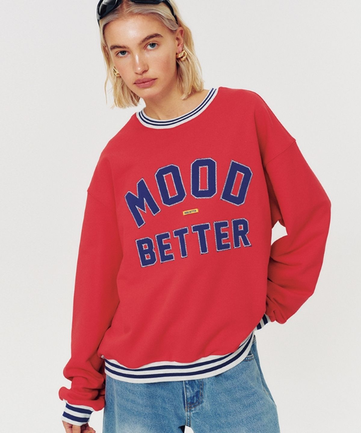 무드베러(MOODBETTER) COLLEGE STRIPED RIB SWEATSHIRT RED