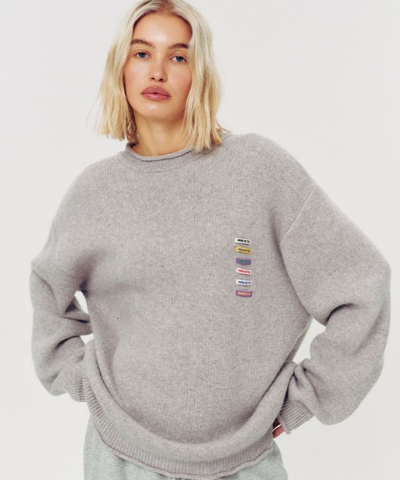 LABEL POINT BACK NUMBER KNIT PULLOVER GREY