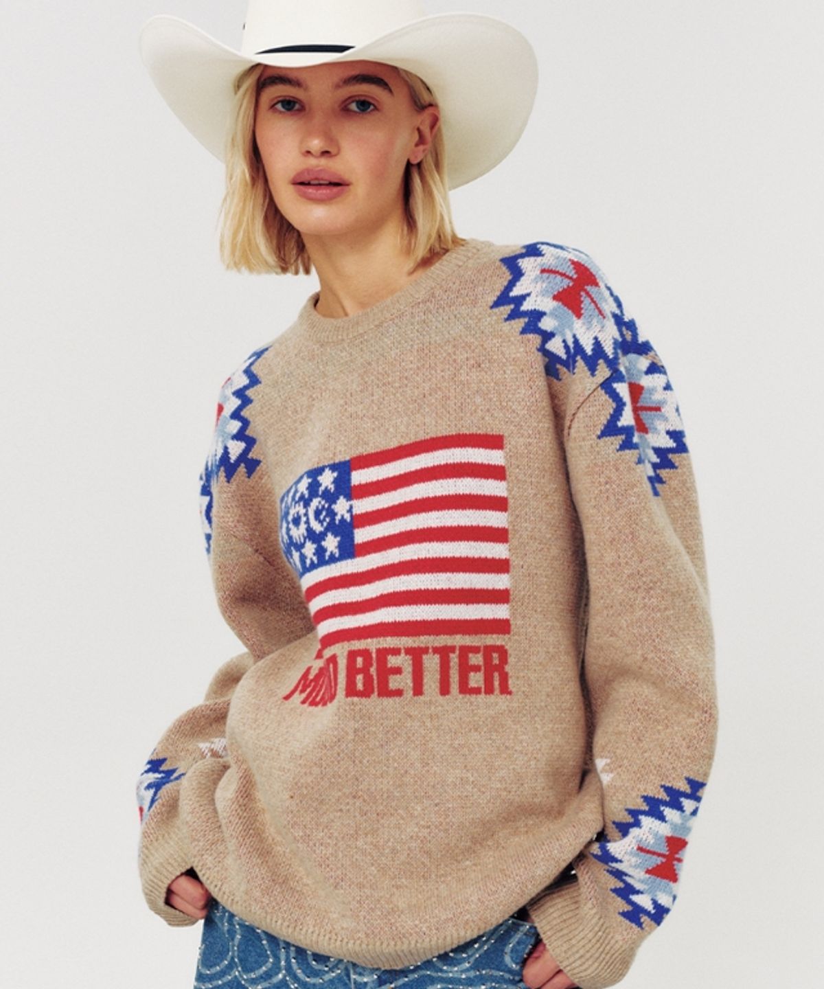 무드베러(MOODBETTER) WESTERN FLAG KNIT PULLOVER BEIGE