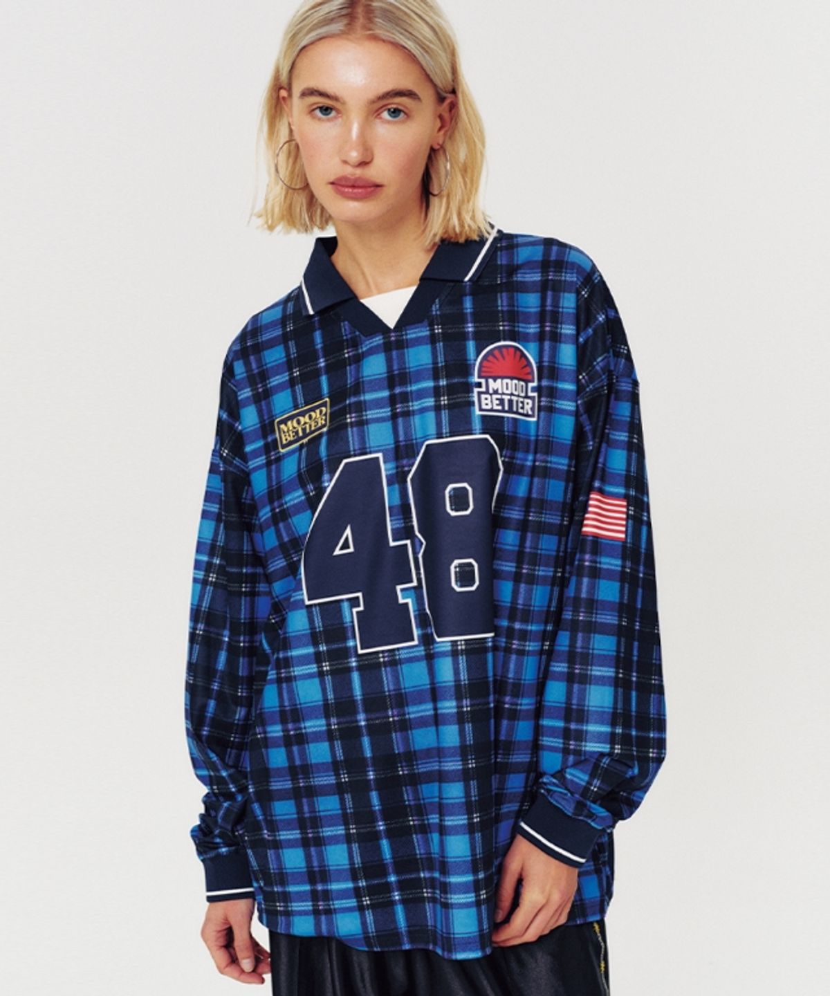 무드베러(MOODBETTER) NUMBER CHECK FOOTBALL JERSEY LONG SLEEVE BLUE