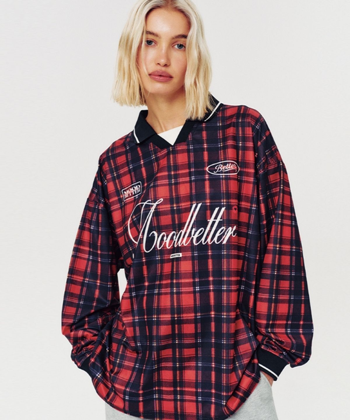 무드베러(MOODBETTER) LETTERING CHECK FOOTBALL JERSEY LONG SLEEVE RED