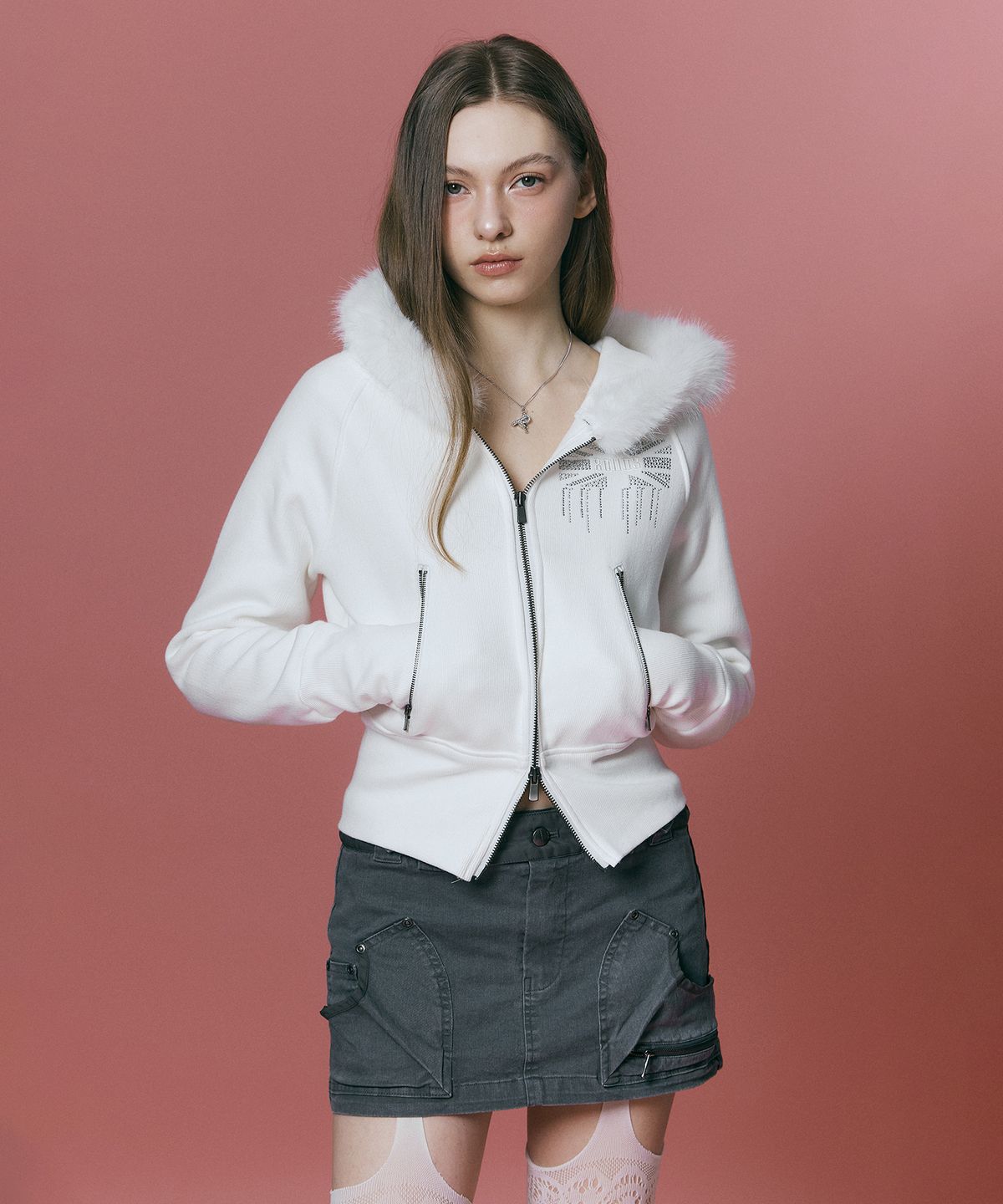 플리즈노팔로우(PLEASENOFOLLOW) Becky Fur Hoodie Jacket (White)