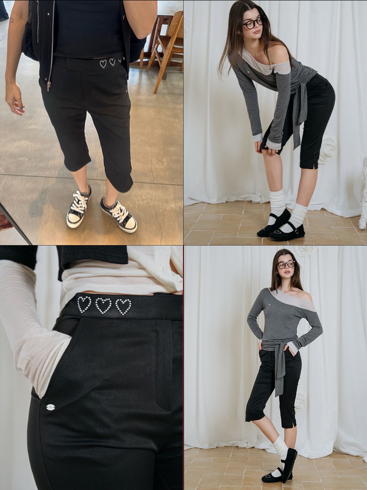 더블힙스(HHIPS) 하트 스터드 카프리팬츠 (블랙)