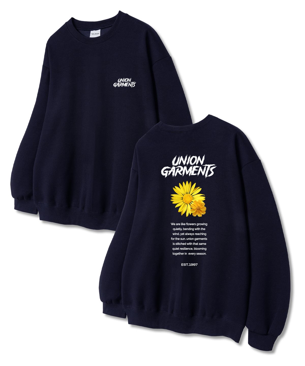 유니온가먼츠(UNION GARMENTS) 투플라워 쭈리 맨투맨 티셔츠 네이비